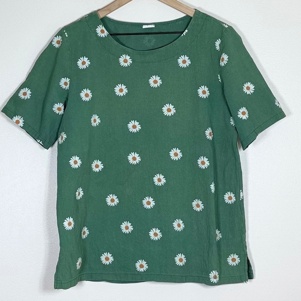 Womens Daisy Floral Cotton Linen Top Size M Green Relaxed Fit Breathable Cottage